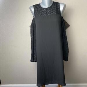 BCBGMaxazria Black Shift Dress “Cherie” Sz S Puff Sleeve Crop Shoulder Cut Out